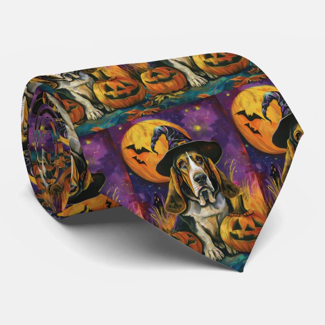 Cravate Éffrayant Halloween Hound Sorcière Et Citrouille (Roulé)