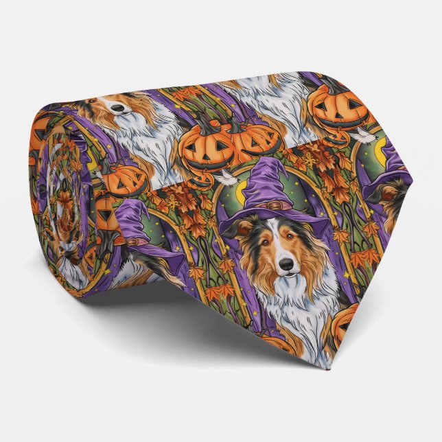 Cravate Éffrayant Rough Collie Chien Halloween Citrouille  (Roulé)