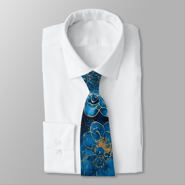 Cravate Elegant Abstract Blue & Gold Floral (Attaché)