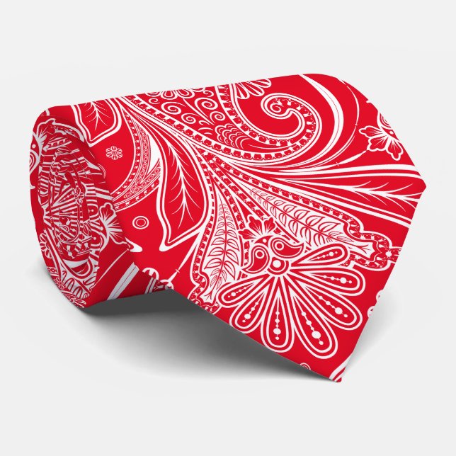 Cravate Elégant Blanc Paisley Sur Rouge Changeable Arrière (Roulé)