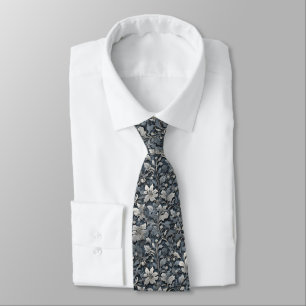 Cravate Élégant floral bleu gris argenté blanc poussiéreux