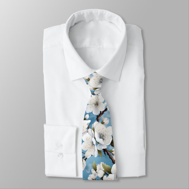 Cravate Elégant Mariage bleu blanc fleur travail (Attaché)