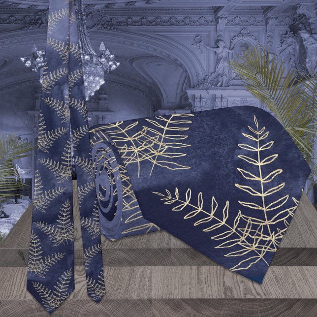 Cravate Elégant Mariage bleu et or Fern Leaf (Créateur téléchargé)