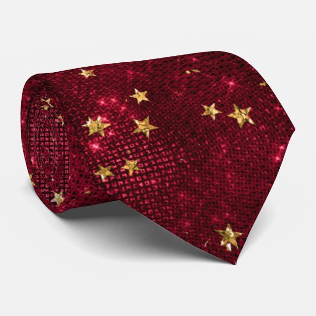 Cravate Elégant Maroon Red Gold Star cadeau (Roulé)