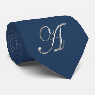 Cravate Élégant Monogramme bleu et gris argenté A