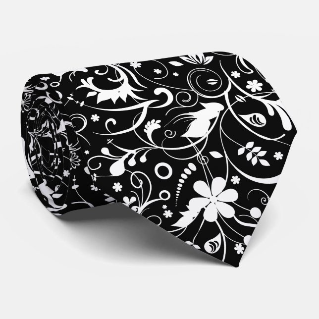 Cravate Élégant Motif de tissu floral blanc (Roulé)