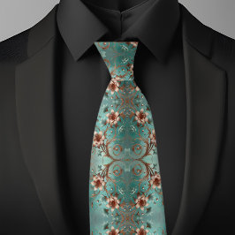 Cravate Élégant motif floral en cuivre et turquoise