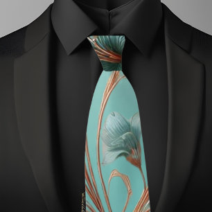 Cravate Élégant motif floral large en cuivre et turquoise