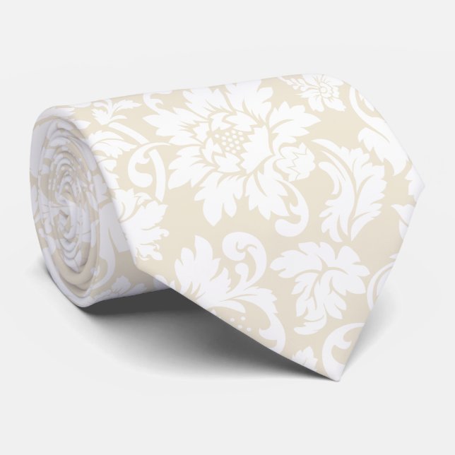 Cravate Élégant Pastel Beige Et Blanc Floral Damas (Roulé)