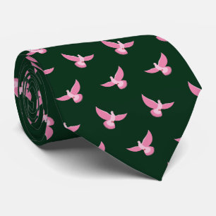 Cravate Élégant rose Pigeon sur vert foncé Motif sans cout