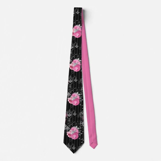 Cravate Élégant rose Roses sur les bandes noires Motif (Devant)