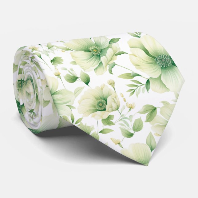 Cravate Elégant Vert Aquarelle Floral Motif (Roulé)