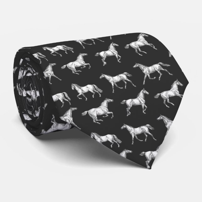 Cravate Élégant Vintage Black White Galloping Horses (Roulé)