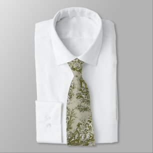Cravate Élégant vintage vert olive toile de jouy imprimé