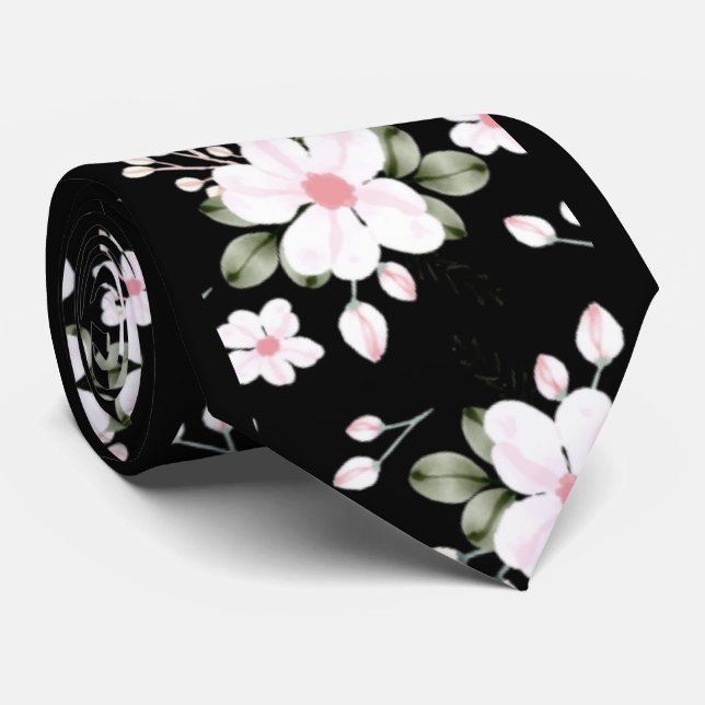 Cravate Elégante aquarelle Fleurs Noir et Blanc Rose (Roulé)