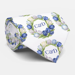 Cravate Elégante aquarelle Tulipe Mariage de couronne bleu
