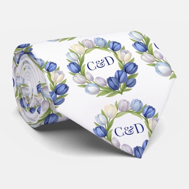 Cravate Elégante aquarelle Tulipe Mariage de couronne bleu (Roulé)
