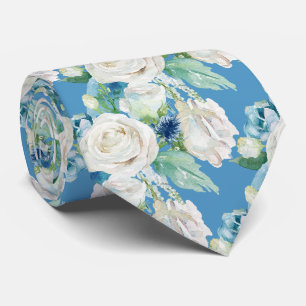 Cravate élégante blanche et bleue à roses d’hiver
