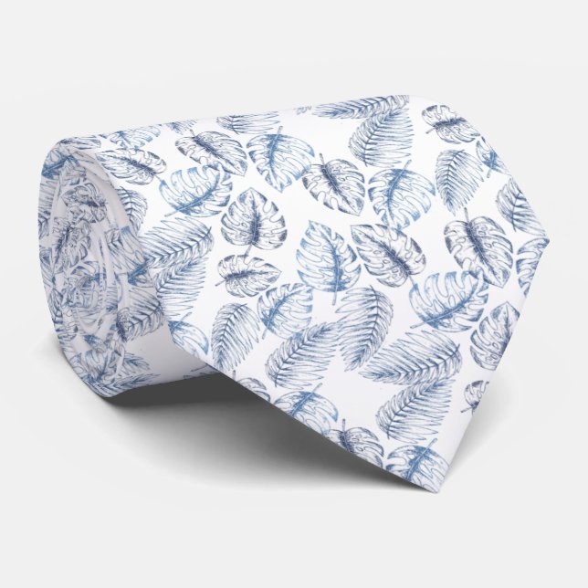 Cravate elegante blanco con hojas azules (Roulé)