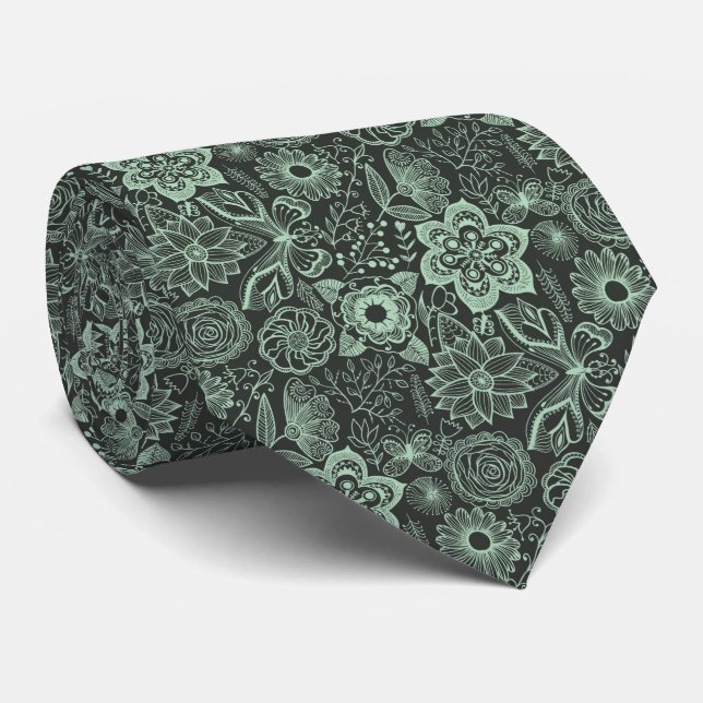 Cravate Elégante dentelle florale Mint-Green & Black Retro (Roulé)