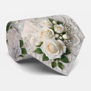 Cravate Elégante Dentelle Mariage Blanche Et Roses,