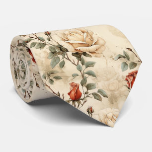 Cravate Élégante fleur de rose vintage beige floral