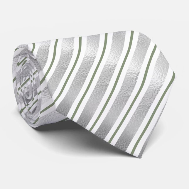 Cravate Élégante huile d'argent Faux et bandes vertes Sage (Roulé)