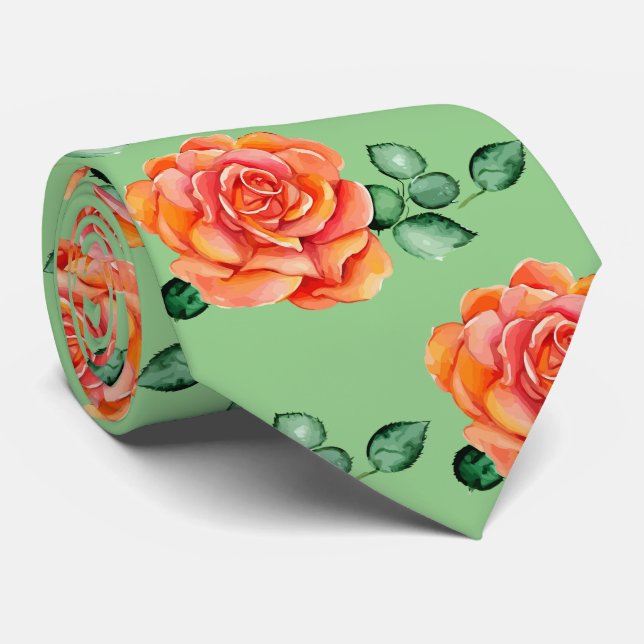 Cravate Elégante Pêche et Vert Roses d'aquarelle Florale (Roulé)