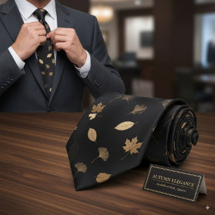 Cravate Élégantes feuilles d'automne en or sur fond noir p