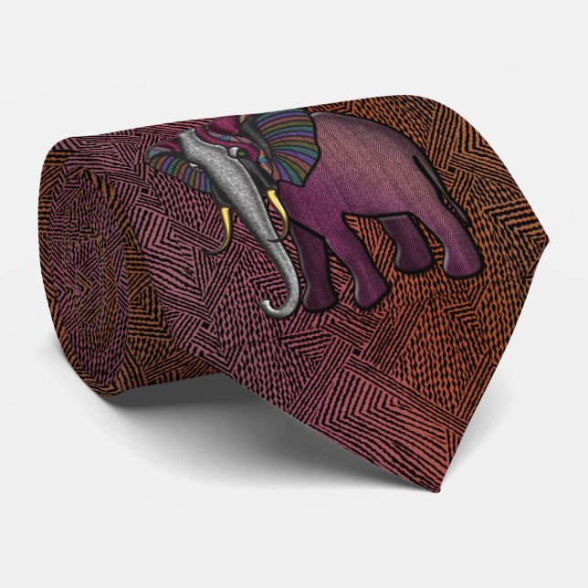 Cravate Eléphant de Patchwork Africain (Plum, Orange, Grey (Roulé)