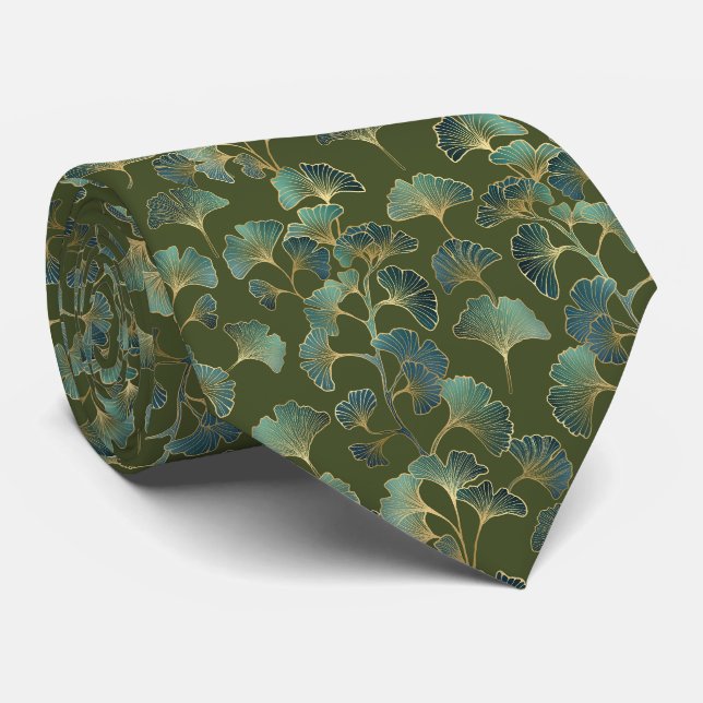Cravate Emerald Ginkgo Elegance – Luxury Gold Botanical 1 (Roulé)