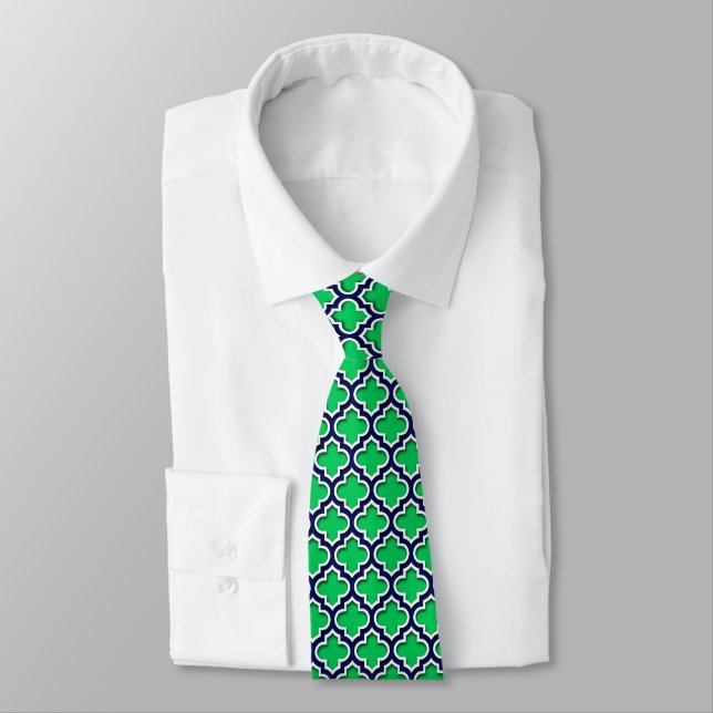 Cravate Emerald Green Navy White Quatrefoil marocain #5DS (Attaché)