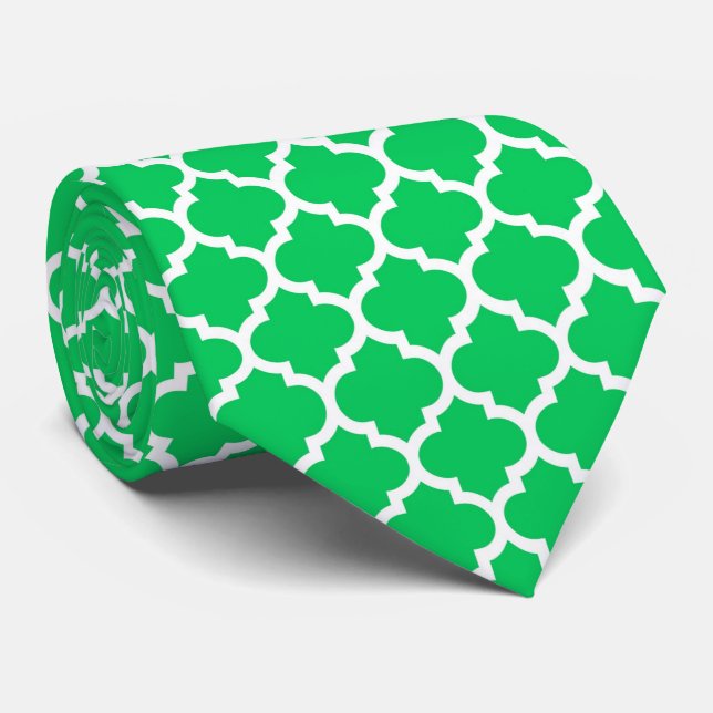 Cravate Emerald Green White Marocain Quatrefoil Motif #5 (Roulé)