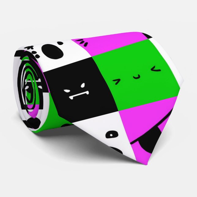 Cravate Emoji affronte Kawaii vert violet noir (Roulé)
