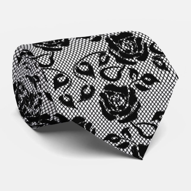 Cravate en dentelle noire Faux Fishnet avec Roses (Roulé)