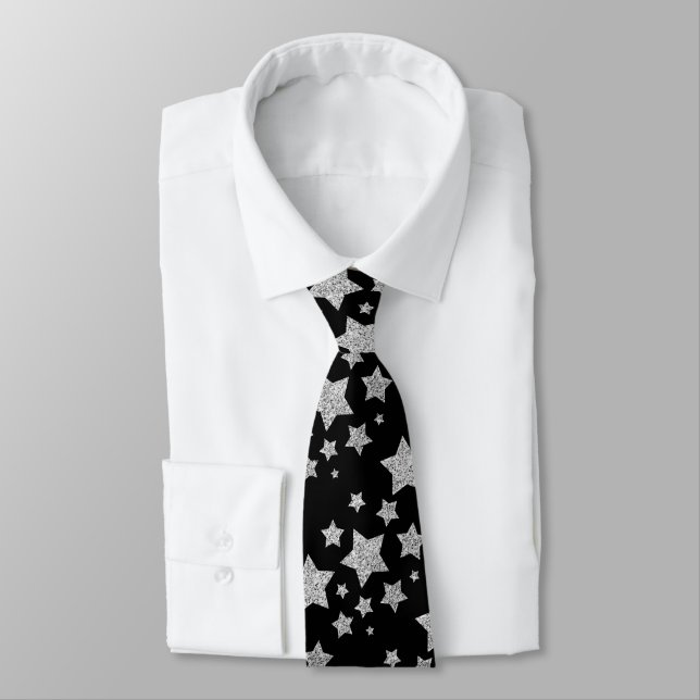 Cravate Étoiles d'argent brillant motif de Noël noir (Attaché)