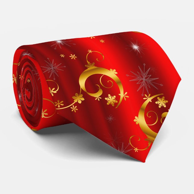Cravate Etoiles de Noël d'or, torrents sur rouge (Roulé)
