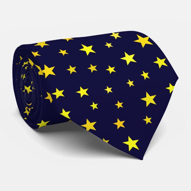 Cravate Étoiles jaunes modernes classiques sur bleu marine (Roulé)