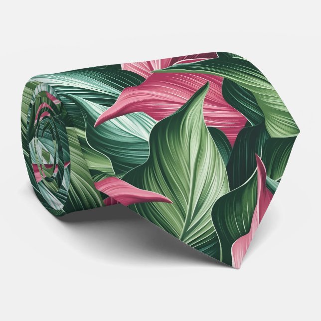 Cravate étonnante avec Feuilles tropicaux en vert  (Roulé)