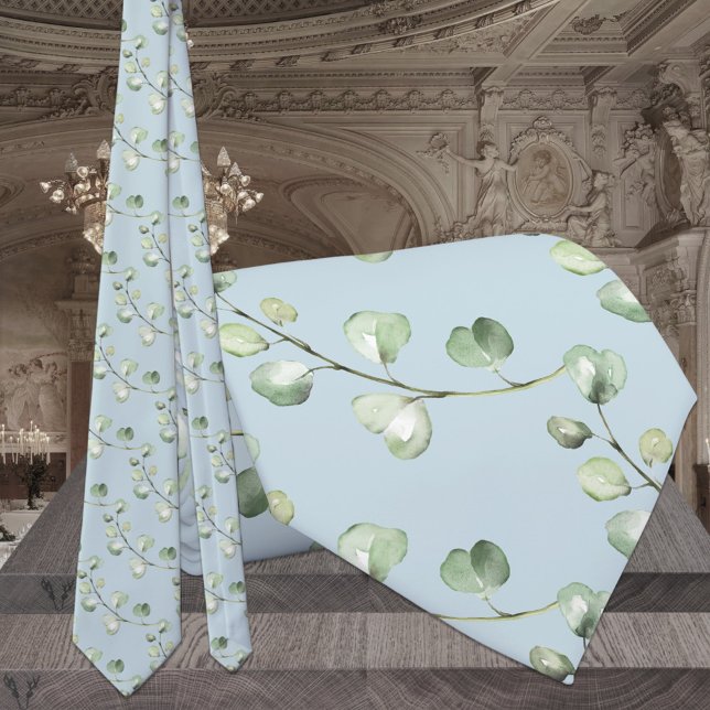 Cravate Eucalyptus Vert Lumière Ciel bleu Mariage (Créateur téléchargé)