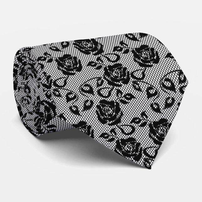 Cravate Faux Black Lace Neck Tie Fishnet with Roses (Roulé)