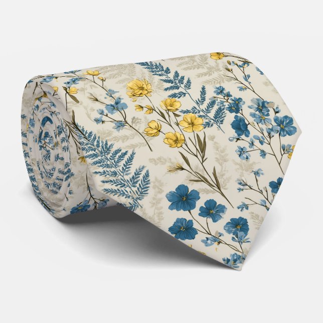 Cravate Ferme d'or et Fleur sauvage bleu (Roulé)