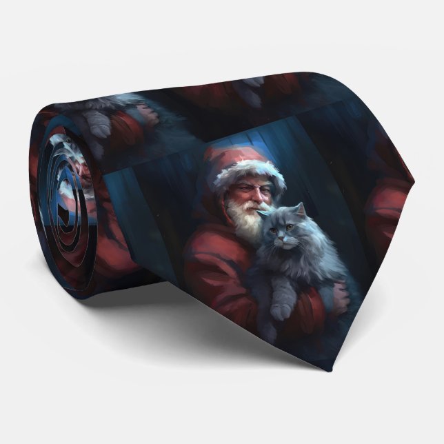 Cravate Fête du Père Noël du chat bleu russe (Roulé)