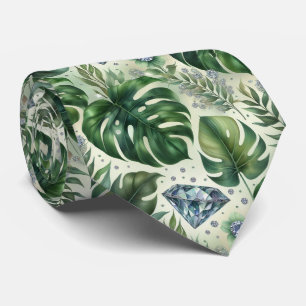 Cravate Feuillage tropical aquarelle avec diamants