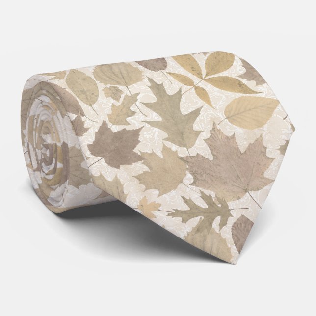 Cravate Feuille d'automne beige avec la damassé (Roulé)
