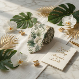 Cravate Feuille de Palmier Aquarelle Verte Or Tropical Lux