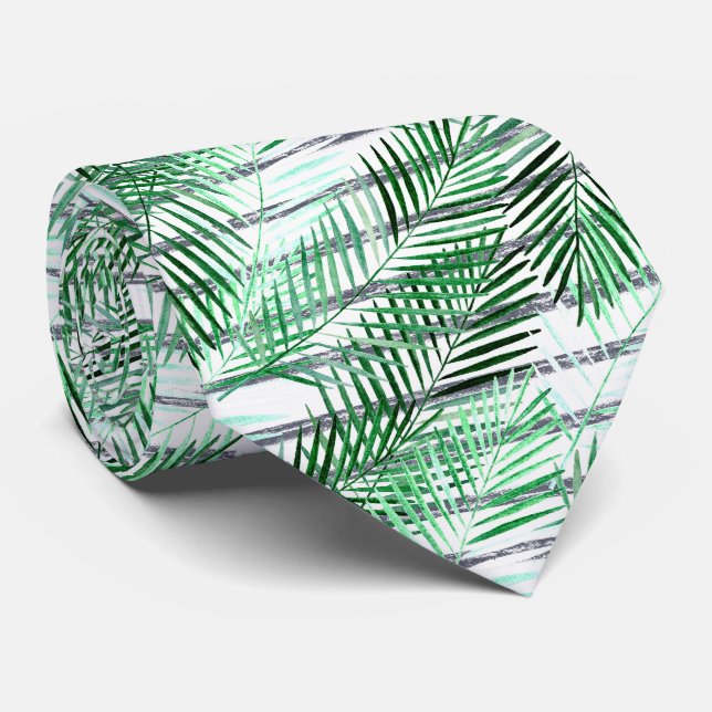 Cravate Feuilles de palme sur fond rayé noir et blanc (Roulé)