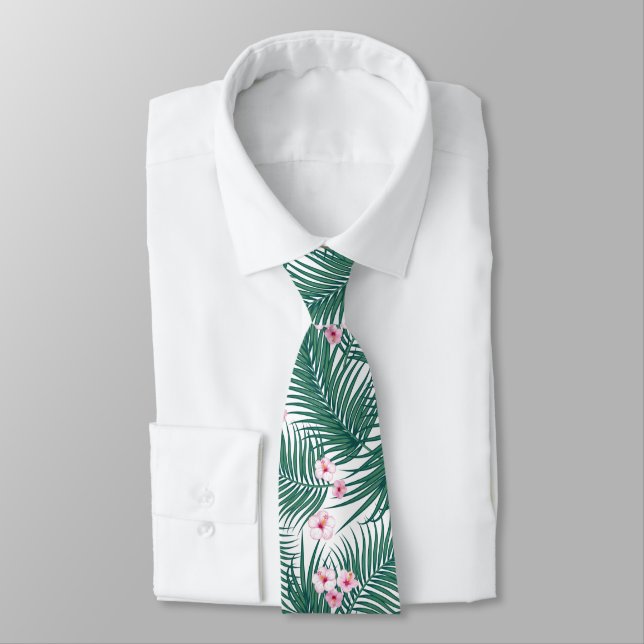 Cravate Feuilles de palmiers tropicaux verts avec fleurs d (Attaché)