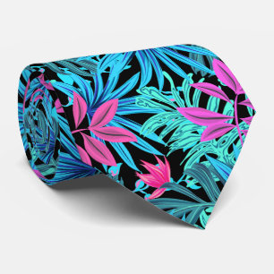 Cravate Feuilles tropicaux bleu, rose et vert