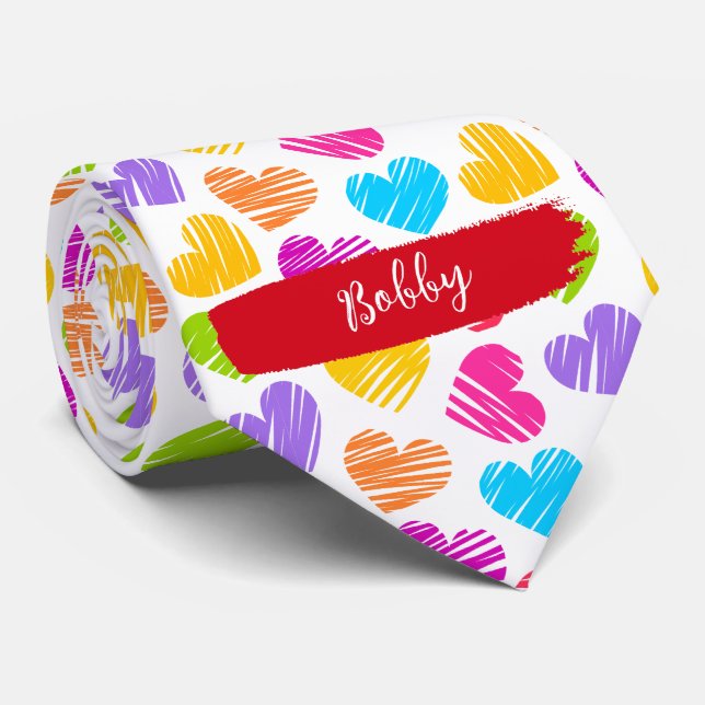Cravate Fille moderne Vibrant Doodled Hearts Nom du Motif (Roulé)